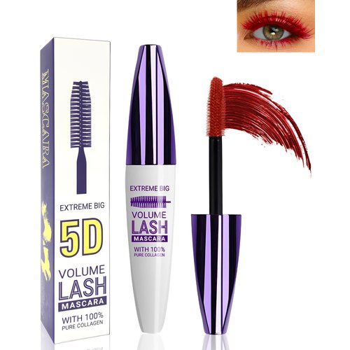 5D Red Mascara for Eyelashes-1Pcs Longlasting Waterproof Smudge-Proof Colored Tubing Mascara Volume and Length, Volumizing Curling Defining Eye Lashes, Fiber Mascara for Women Cosplay Party Eye Makeup