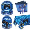 81 Pcs Video Game Party Supplies - 9th Birthday Video Game Party Decor Dinner Plates Napkins Video Game Tablecloth Forks Gaming Party Pack for Kid Boy 9th Birthday Party, Serves 20 (9th)