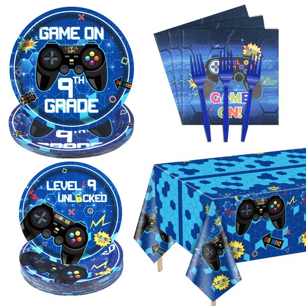 81 Pcs Video Game Party Supplies - 9th Birthday Video Game Party Decor Dinner Plates Napkins Video Game Tablecloth Forks Gaming Party Pack for Kid Boy 9th Birthday Party, Serves 20 (9th)
