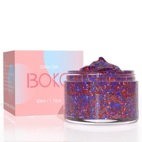 Boko 50ML Body Glitter Gel, Red White Blue Chunky Glitter Gel for Face Hair Body Makeup, Cosmetic Patriotic Glitter for Flag Party 4 of July Independence Day Olympic Rave Accessories - Freedom Sea