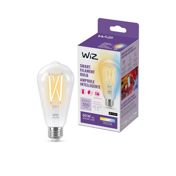 WiZ Connected 60W ST19 Tunable White Filament LED Smart Light Bulbs - Connects to Your Wi-Fi - E26 Smart Bulb - Control with Voice or App + Activate with Motion - Matter Compatible - 1 Pack