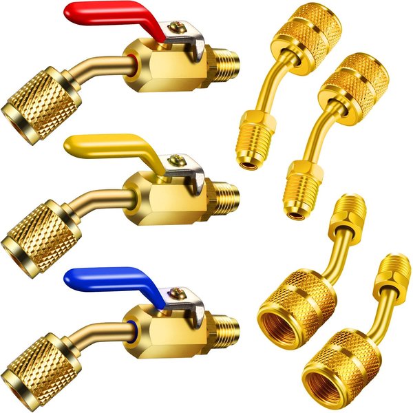 Mudder 7 Pieces Air Conditioning Refrigerant Angled Compact Ball Valve 1/4 Inch for R410A R134A R12 R22 HVAC and R410A Adapter 5/16 Inch Female to 1/4 Inch Male Flare for Mini Split System