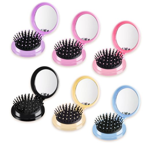 6 Pcs Mini Hair Brush, Compact Travel Hair Brush, Portable Travel Brushes for Hair, Folding Hair Brush with Makeup Mirror, Round Hair Massage Comb for Women Girls, 6 Colors