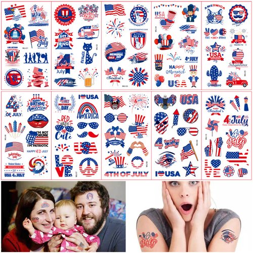 4th of July Temporary Tattoo Kids : 10 Sheets Tattoo Stickers Complete Independence Day Collection, these patriotic tattoos are perfect for Memorial Day and all your 4th of July decorations. (MU series)