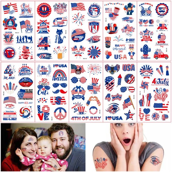 4th of July Temporary Tattoo Kids : 10 Sheets Tattoo Stickers Complete Independence Day Collection, these patriotic tattoos are perfect for Memorial Day and all your 4th of July decorations. (MU series)