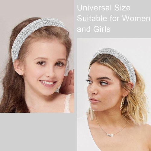 AHONEY Rhinestone Headband for Women Girls, Hair Bling Crystal Glitter Sparkly Diamond Padded Headband Fancy Jeweled Headpiece Holiday Hair Accessories Birthday Gifts (Silver)