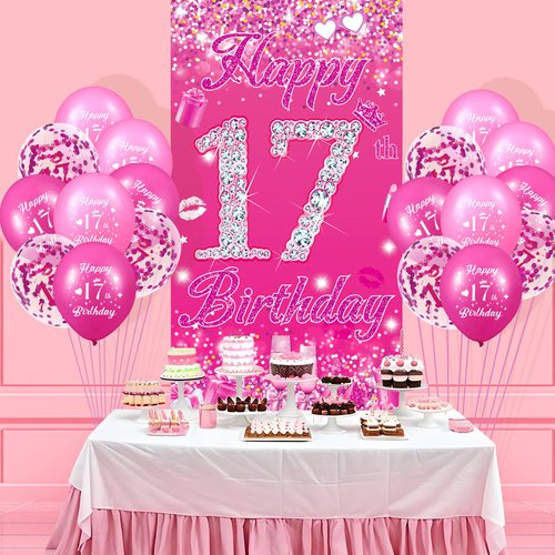 Pink 17th Birthday Decorations for Girls Boys Pink Happy 17th Birthday Door Cover Banner & 18Pcs Happy 17th Birthday Balloons Decorations for Hot Pink 17th Birthday Anniversary Party Supplies
