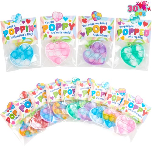 JOYIN 30 Packs Valentine’s Day Gift Cards with Heart Pop Bubble Keychain, Mini Pop Squeeze Toys, Stress Relief Fidget Toys for Kids Valentine's Party Favors, Classroom Exchange and Game Prizes