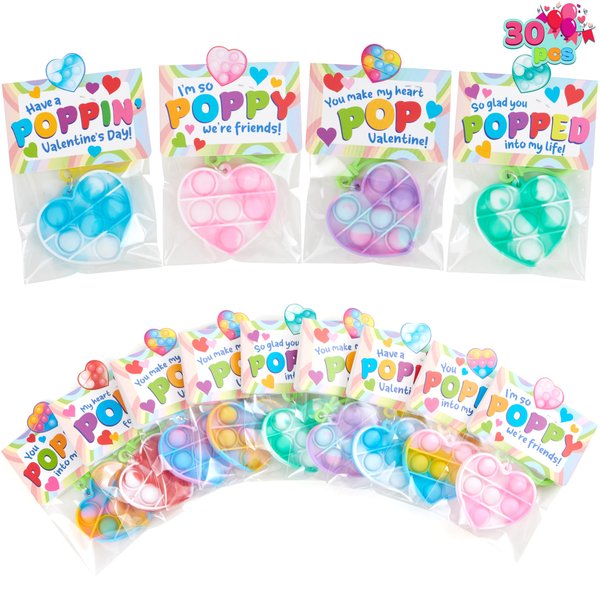 JOYIN 30 Packs Valentine’s Day Gift Cards with Heart Pop Bubble Keychain, Mini Pop Squeeze Toys, Stress Relief Fidget Toys for Kids Valentine's Party Favors, Classroom Exchange and Game Prizes