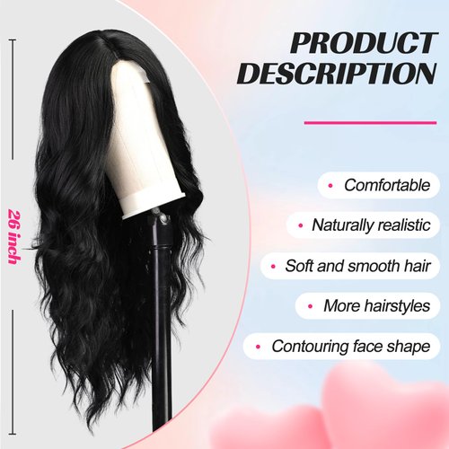 EMMOR Long Black Wavy Wig for Women Lace Front Wigs Natural Looking 26 Inch Middle Part Curly Wig Heat Resistant Synthetic Wigs for Daily Party Use