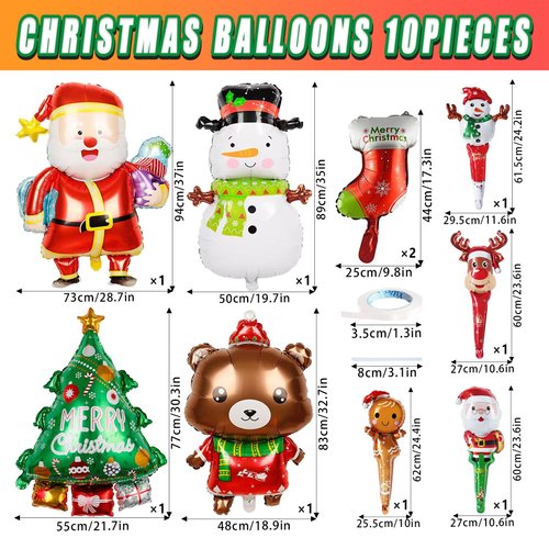 Christmas Balloons Christmas Party Decorations Santa Claus Snowman Christmas Tree Reindeer Foil Balloons Merry Christmas Balloons Christmas Eve Xmas New Year Party Decorations Supplies - Pack of 10