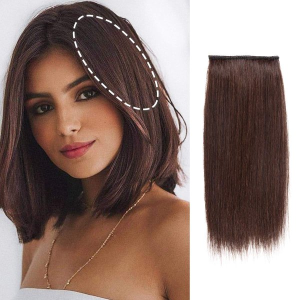 FEIPRO Silky Straight Short Hair Extensions Real Remy Human Hair Volume Insert Clip Natural Invisible Lady Parts Frontal Bangs Toppers for Women Men with Thinning Hair Short Hair 4"#2 Dark Brown