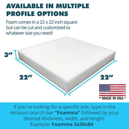Foamma 3" x 22" x 22" High Density Upholstery Foam Padding, Thick-Custom Pillow, Chair, and Couch Cushion Replacement Foam, Craft Foam Upholstery Supplies, Foam Pad for Cushions and Seat Repair