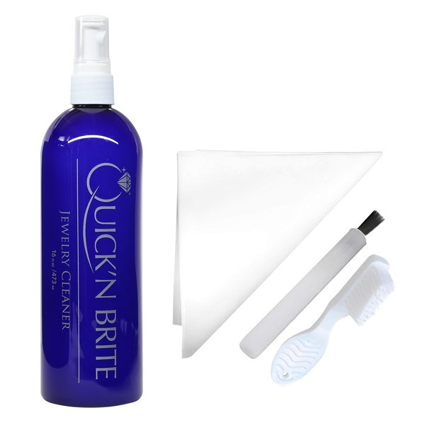 Quick N Brite Jewelry Cleaner Kit, with 16 oz Jewelry Cleaner, 3 Pc Cleaning Brush, and Polishing Cloth – 5 Piece