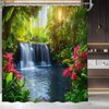 Forest Waterfall Shower Curtain Nature Green Tree Flower Jungle Rainforest Spring Summer Garden Natural Landscape Fabric Bathroom Decor Set,70x70 inch