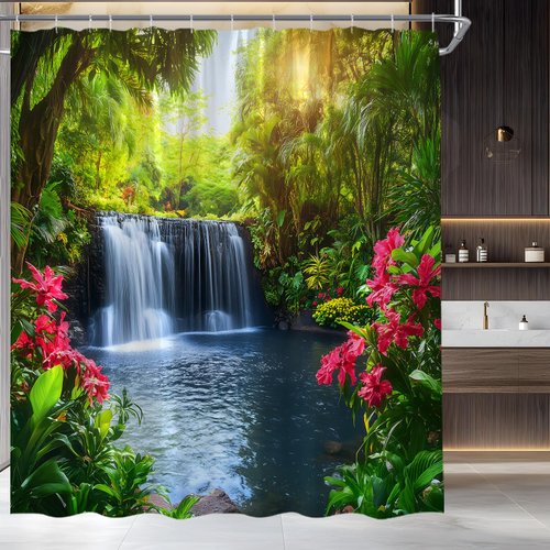 Forest Waterfall Shower Curtain Nature Green Tree Flower Jungle Rainforest Spring Summer Garden Natural Landscape Fabric Bathroom Decor Set,70x70 inch