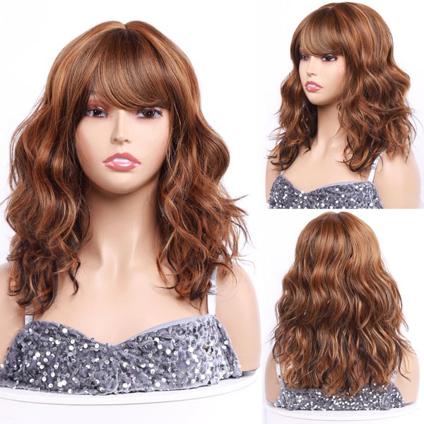 Blonde Wavy Wigs with Bangs for White Women Short Brown Wig with Bangs Synthetic Wavy Bob Wig Shoulder Length 14 Inch Hair for Daily Using Party Natural Looking(4/27/30)…
