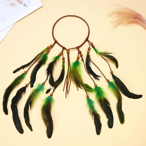 GORTIN Boho Feather Headband Hippie Headbands Indian Feather Headpiece Gypsy Festival Costume Headdress Hair Accessories for Women (Green, Free size)