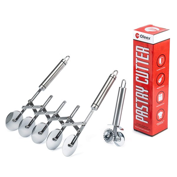 Oleex ‘All-Dough’ Pastry Cutter Set. 5 Wheel Dough Cutter and Dual Fluted Ravioli Cutter Wheel/Pizza Cutter Wheel! Versatile Brownie Cutter, Pasta Maker, Noodle Cutter, Stainless Steel Pizza Slicer