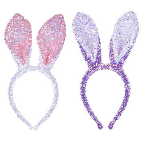 Mabejmart 2PK Easter Headband, Easter Costume Accessories, Bunny Ears Headware, Sewed Sequins Bunny Ears Headhand, Novel Sequin Bunny Headband for Adults Christmas,Easter,Birthday (2PK white+purple)