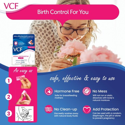 VCF Vaginal Contraceptive Film with Spermicide, 1 Box of 9 Prevents Pregnancy, Nonoxynol-9 Kills Sperm on Contact, Hormone-Free, Easy to Use, Unnoticeable, 9 Total