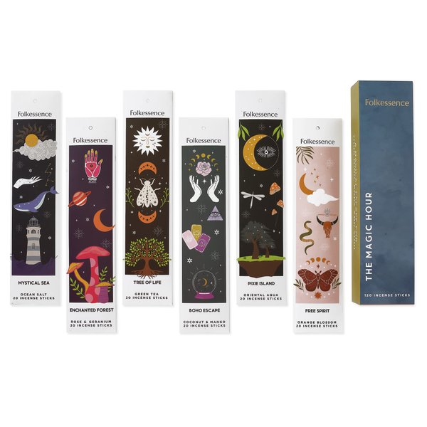 Folkulture Incense Sticks - Set of 6 Insenses (120 Insence Sticks) for Positive Aura - Coconut Mango, Oriental Aqua, Green Tea, Ocean Salt, Rose Geranium, Orange Blossom, Boho Gift Set, Magic Hour