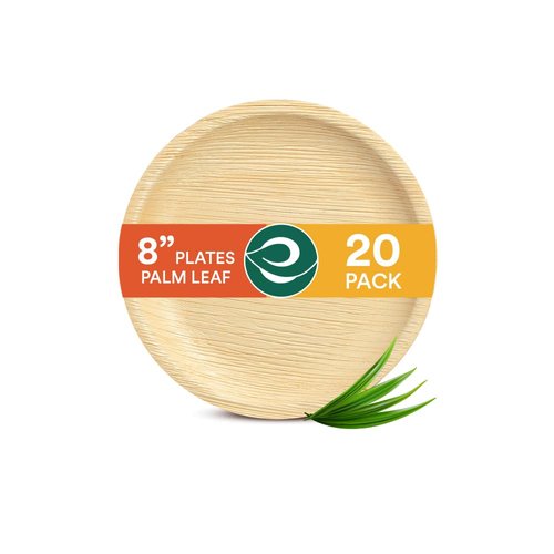 ECO SOUL 100% Compostable 8 Inch Round Palm Leaf Plates [20-Pack] I Premium Disposable Plates Set I Heavy Duty Eco-Friendly Bamboo Plates Disposable I Round Disposable Plates