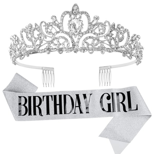 Birthday Crowns for Women, Didder Silver Crystal Tiara & Birthday Girl Sash Kit, Tiaras and Crowns for Women Girls Elegant Princess Crown with Combs Birthday Sash For Women Wedding Gift Bridal Party