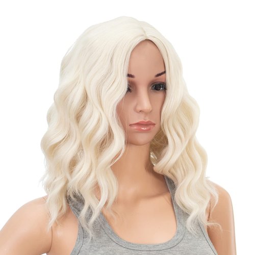 SWACC 15 Inch Short Curly Wavy Hair Wig Medium Length Synthetic Colorful Cosplay Daily Party Wig for Women with Wig Cap (Platinum Blonde)