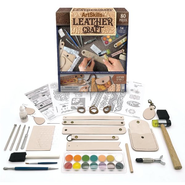 ArtSkills Leather Working Kit, Leather Tooling Kit with Tools, Leather Stamps, Leather for Crafts, Adult Project Kits, 80 pc