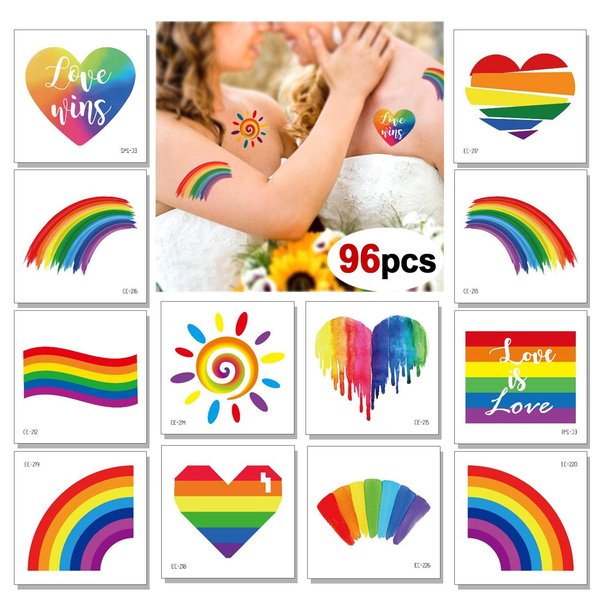 96 Sheets Rainbow Temporary Tattoos, Konsait Rainbow Flag Heart Tattoos Waterproof Body Art Sticker for Girls Boys Party Favors Pride Equality Parades Celebrations