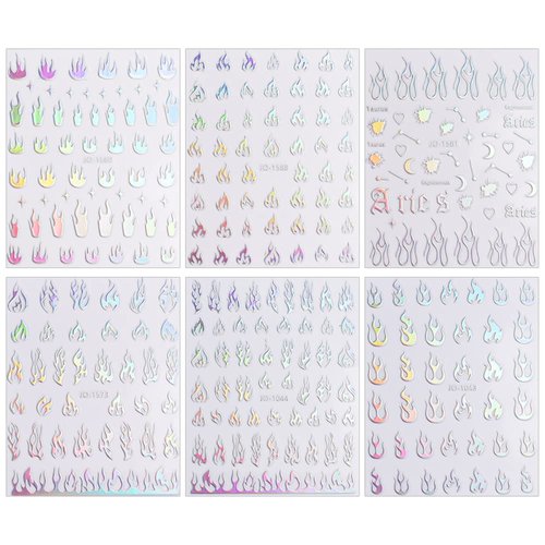 Dornail 6 Sheets Aurora Nail Stickers Holographic Laser Flame Nail Decals 3D Self Adhesive Nail Art Stickers Silver Fire Flame Nail Sticker DIY Nail Design Nail Art Decoration Nail Supplies