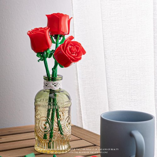 3 Pack - Rose Flower Bouquet Building Block Set for Adults, Mini Flowers Blcoks Building Kits Table Centerpiece Gift for Women, Not Compatible with Logo Botanical Collection (Red)