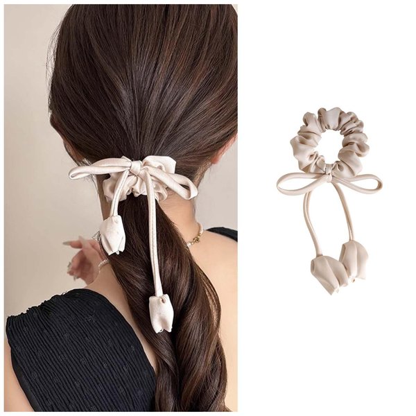 Iaceble French White Ribbon Hair Scrunchies Satin silky Elastic Hair Tie Flower Hair Rope Band Ponytail Holder Scrunchies Rope With Tulip Decorative Hair Accessories for Women and Girls Headdress