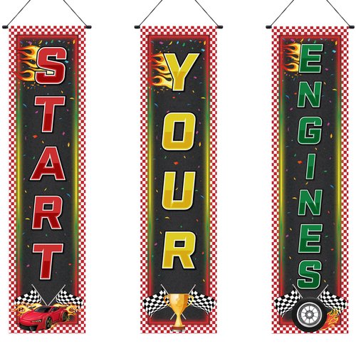 Tiamon 3 PCS Racing Fans Banners Cars Birthday Banner Checkered Hanging Banner Truck Car Flag Banner for Christmas Xmas Holiday Gifts Indoor Outdoor Racing Car Party Birthday School Event Decoration