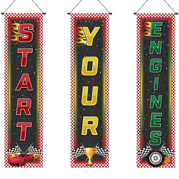 Tiamon 3 PCS Racing Fans Banners Cars Birthday Banner Checkered Hanging Banner Truck Car Flag Banner for Christmas Xmas Holiday Gifts Indoor Outdoor Racing Car Party Birthday School Event Decoration