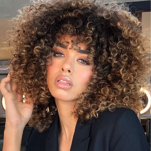 Curly Wigs for Women, 14 Inches Soft Curly Afro Wigs with Bangs, Synthetic Ombre Brown Curly Wigs, Curly Full Wig for Women (4T30 Ombre Brown)