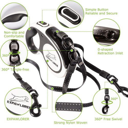 Dual Retractable Dog Leash - Double-Head Lockable Extendable Pet Leash - 16ft Reflective Nylon Ribbon - 360¡ã Tangle-Free for Two Dogs Walking Training