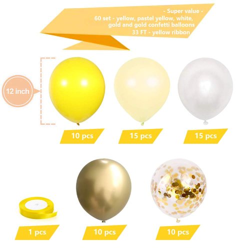 KBZVNAF Yellow White Gold Confetti Balloons - 60 Pack 12 inch Pastel Yellow Latex Party Balloon for Sunflower Honeybee Theme, Birthday, Baby Shower, Wedding Decorations