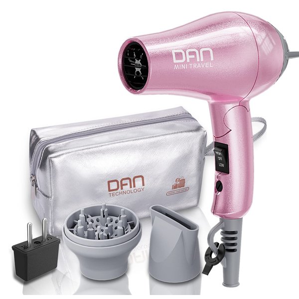 DAN Technology Travel Dual Voltage Mini Blow Dryer with Concentrator,Small Hair Dryer with Diffuser,European Hair Dryer with European Plug,Pink Blow Dryer for Women