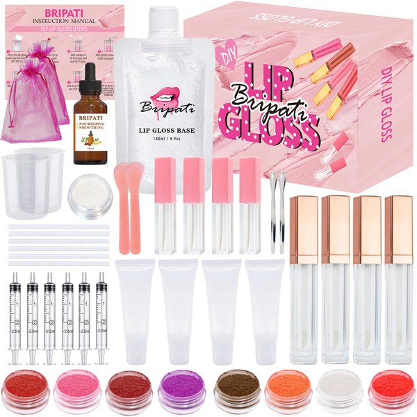 BRIPATI DIY Lip Gloss Making Kit, 46PCS DIY Lip Gloss Kit to Make Your Own Lip Gloss, Moisturizing Lip Glaze Handmade Set, Beginner Lip Gloss Kit, Lip Gloss Making Supplies Set for Women Girls