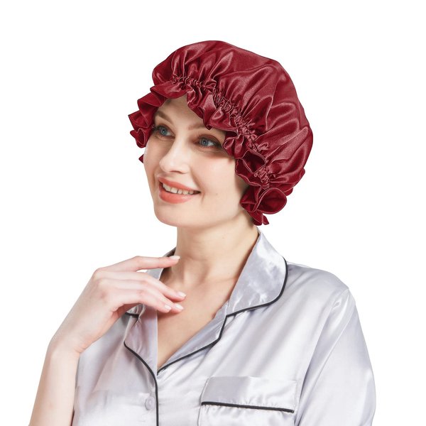 Silk Bonnet for Hair Care, Natural Silk Cap for Sleeping and Shower, Double-Lined, 6A-grade Mulberry Silk Turban Red Wine