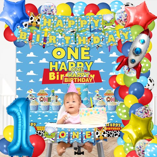 Cartoon Style Baby Shower Birthday Decor, 1st Birthday Party Supplies. Includes Happy Birthday Backdrop, Banner, Tablecloth, Balloons, Cake Toppers. Perfect Gifts for Boys, Girls and Kids Party Favors