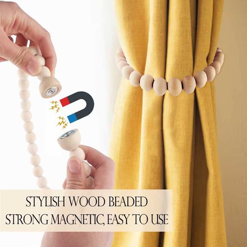 Magnetic Curtain Tiebacks Boho Beaded: Strong Magnets, Boho Decor Wood Bead Curtain Tiebacks, Farmhouse Decor Curtain Tie Backs for Curtain Holdbacks, Boho Nursery Decor, Natural, 2 Pack