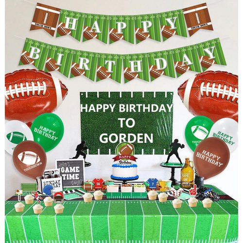 Football Theme Party Supplies - Including HAPPY BIRTHDAY Banner, Football Foil Balloons, Cake Topper, Tablecloth, Balloons for Game Day, and Football Birthday party Decorations