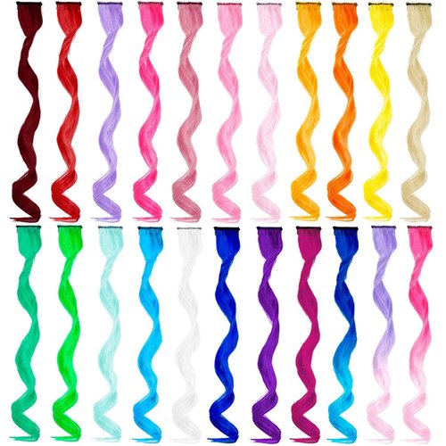22 PCS Colored Hair Extensions Clip in, Curly Wavy Colorful Extension for Kids Girls - Party Highlights Synthetic Hairpiece 17 inch