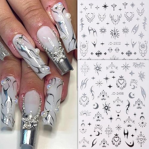 Laser Silver Nail Art Sticker Decal Sun Moon Butterfly Design Nail Decals 3D Self-Adhesive Nail Art Supplies Love Heart Flower Flame Nail Art Sticker Decoration for Women Manicure Supplies (6Sheets)