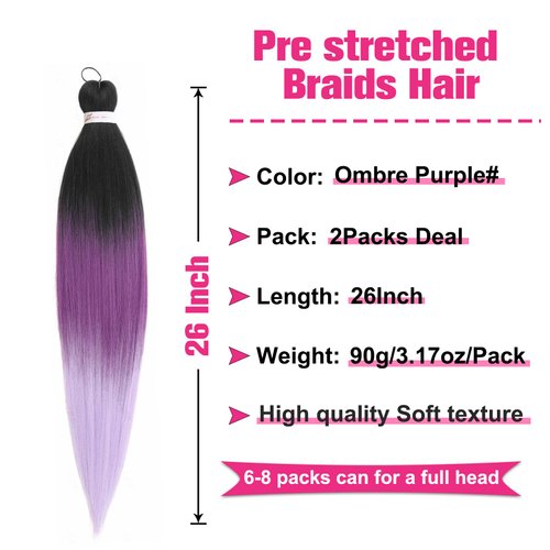 Unionbeauty 26 Inch Black to Purple Ombre Braiding 2Packs Pre Stretched Crochet Braid Kanekalon Easy Braid Hair Extensions Synthetic Braiding Hair for Goddess Box Braids Yaki Texture Hot Water Setting