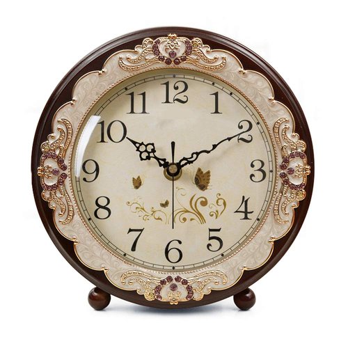 Justup Vintage Table Clock, Retro Non-Ticking European Style Beside Desk Clock Battery Operated Silent Quartz Movement for Bedroom Living Room Indoor Decor (Brown)