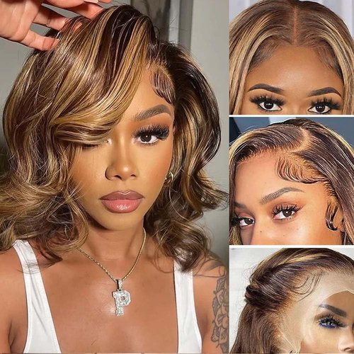 Nicy 13X6 HD Transparent Lace Front Wig Human Hair Pre Plucked with Baby Body Wave Bob Wig Glusless Human Hair Wigs For Women (13X6 highlight, 12inch)
